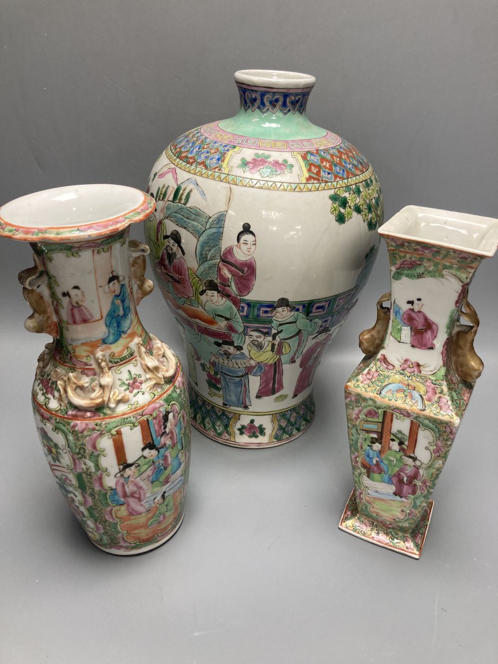Two 19th century Chinese famille rose vases and another vase, tallest 29cm